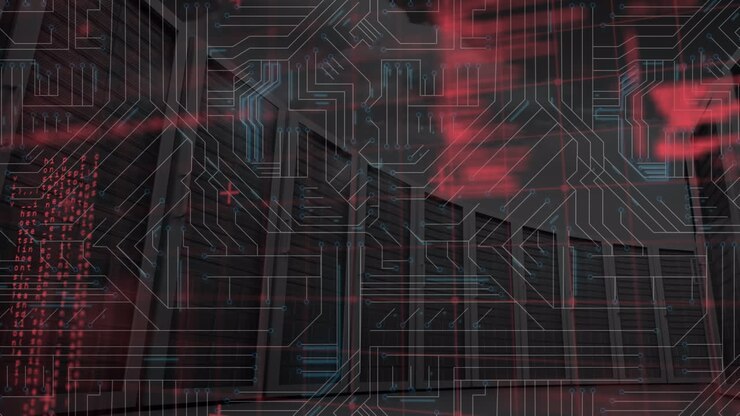 Digital animation of data processing against microprocessor connections on black background
