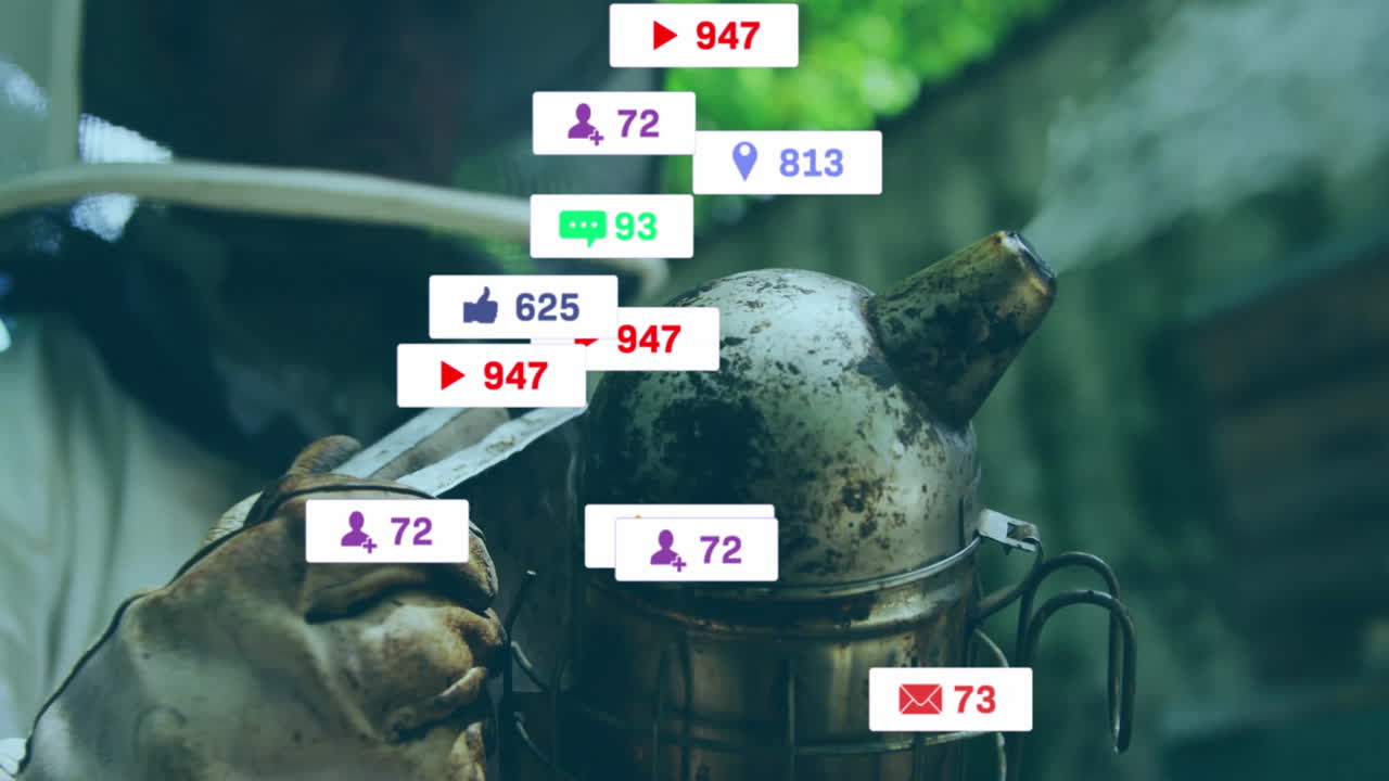 metal beekeeping smoker resting on wood surface, floating icons highlighting AR technology features