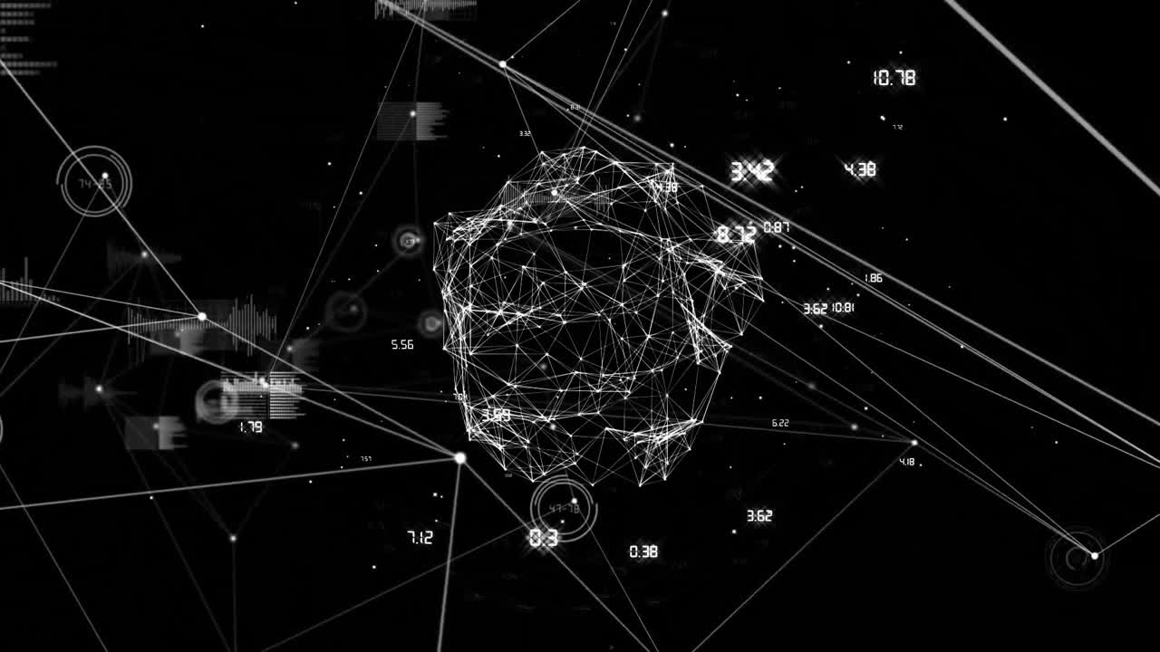 Global network connections and data processing animation over black background
