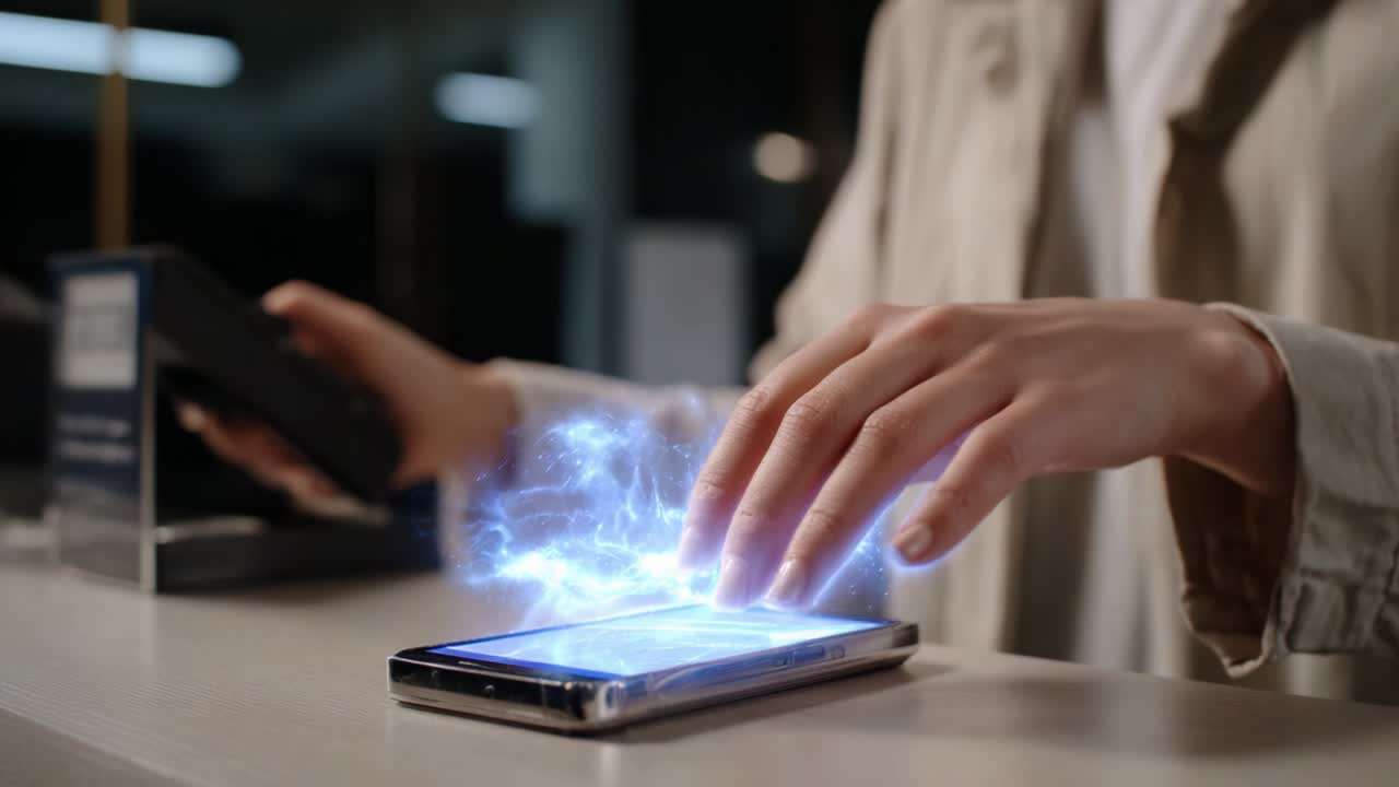 A futuristic scene unfolds where a hand gently hovers above a smartphone, creating a mesmerizing holographic display with electric blue energy, showcasing advanced technology and interaction through touch
