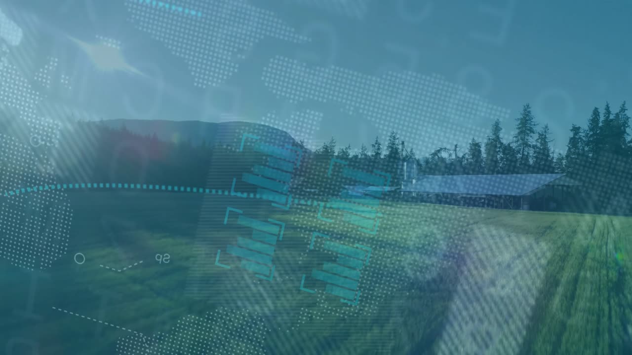 Sunlit field initiating digital overlay animation, showing real-time global data streams above barn