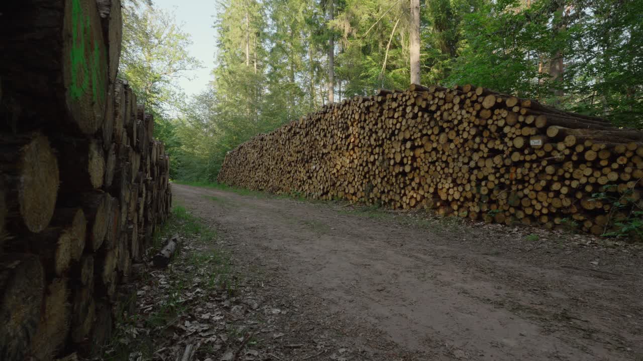 pilas de troncos de árboles cortados y colocados en el lado de una pista de tierra