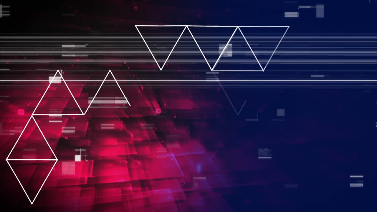 Digital art features a triangle, squares, and pink light on a purple background.
