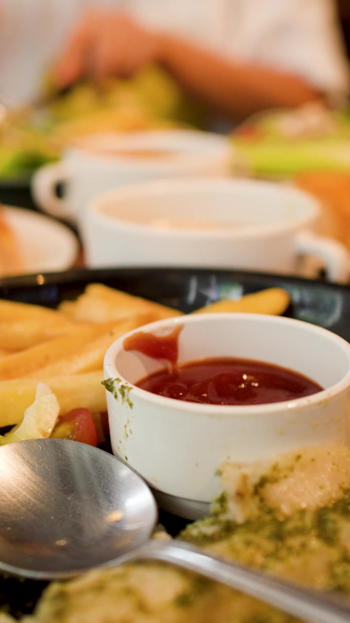 Una panoramica ravvicinata su un tavolo di ristorante pieno di patatine fritte, insalata e toast.
