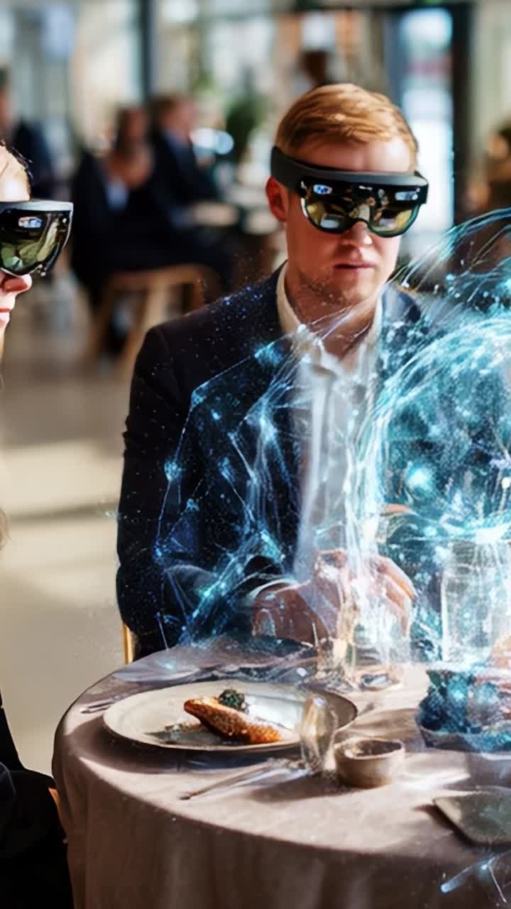 Dining in a Futuristic Restaurant: Guests Interact with Holographic Projections While Enjoying Their Meals and Wearing Advanced Augmented Reality Glasses