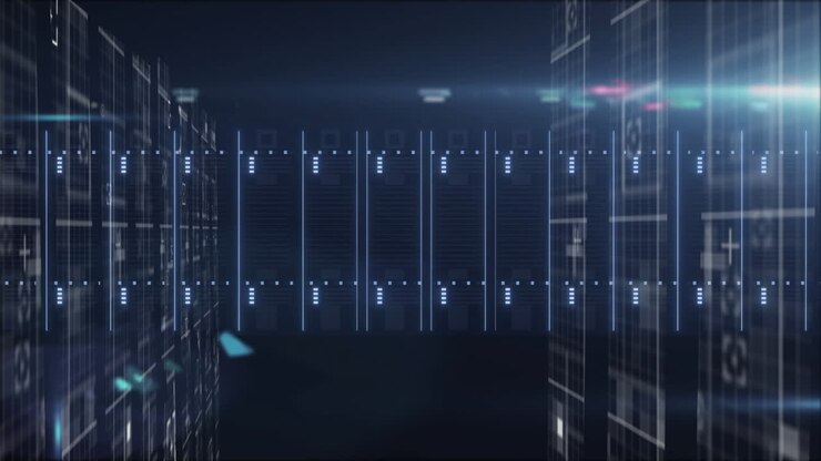 Animation of data processing and computer server over black background