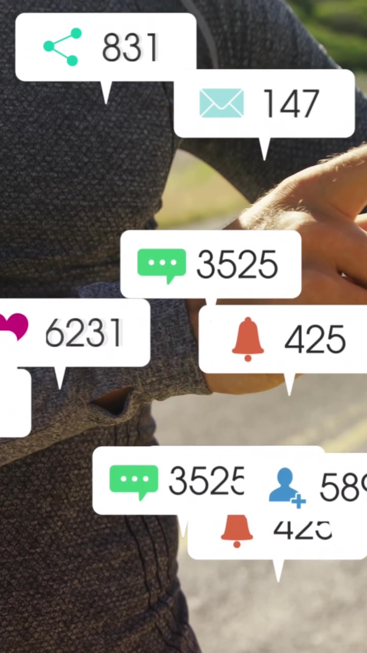 Animazione di barre di notifica su un atleta caucasico che controlla le statistiche di corsa sullo smartwatch.