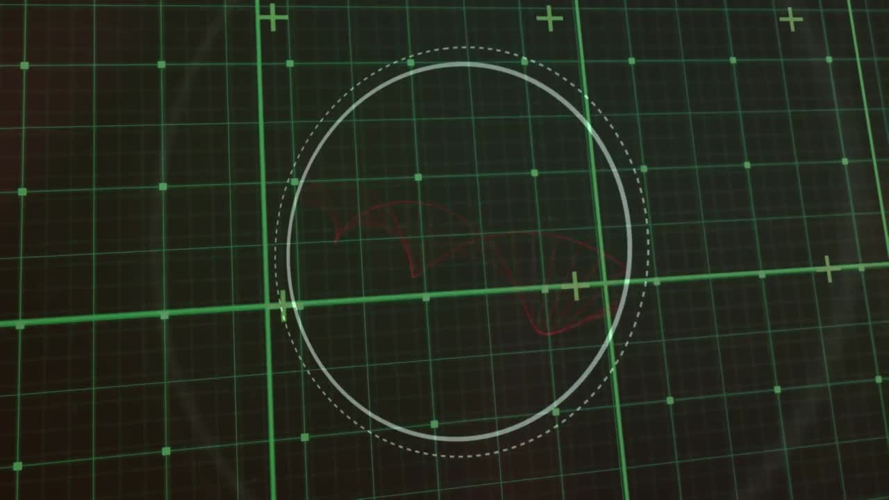 검은 바탕에 회전하는 빨간색 dna 나선이 있는 원형 스캐너 위의 녹색 그리드의 애니메이션