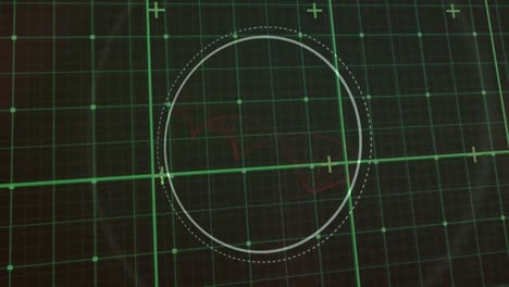 animación de una cuadrícula verde sobre un escáner circular con una hélice de adn roja giratoria, sobre fondo negro