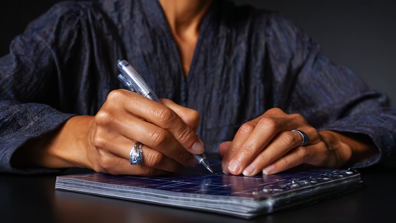 An Intimate Glimpse into the Process of Writing as a Form of Expression: Capturing the Focused Hands of an Individual Engaged in Creative Thought and Artistic Reflection on a Notebook
