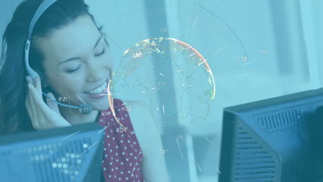 animation of asian woman wearing headset and using computer over globe spinning