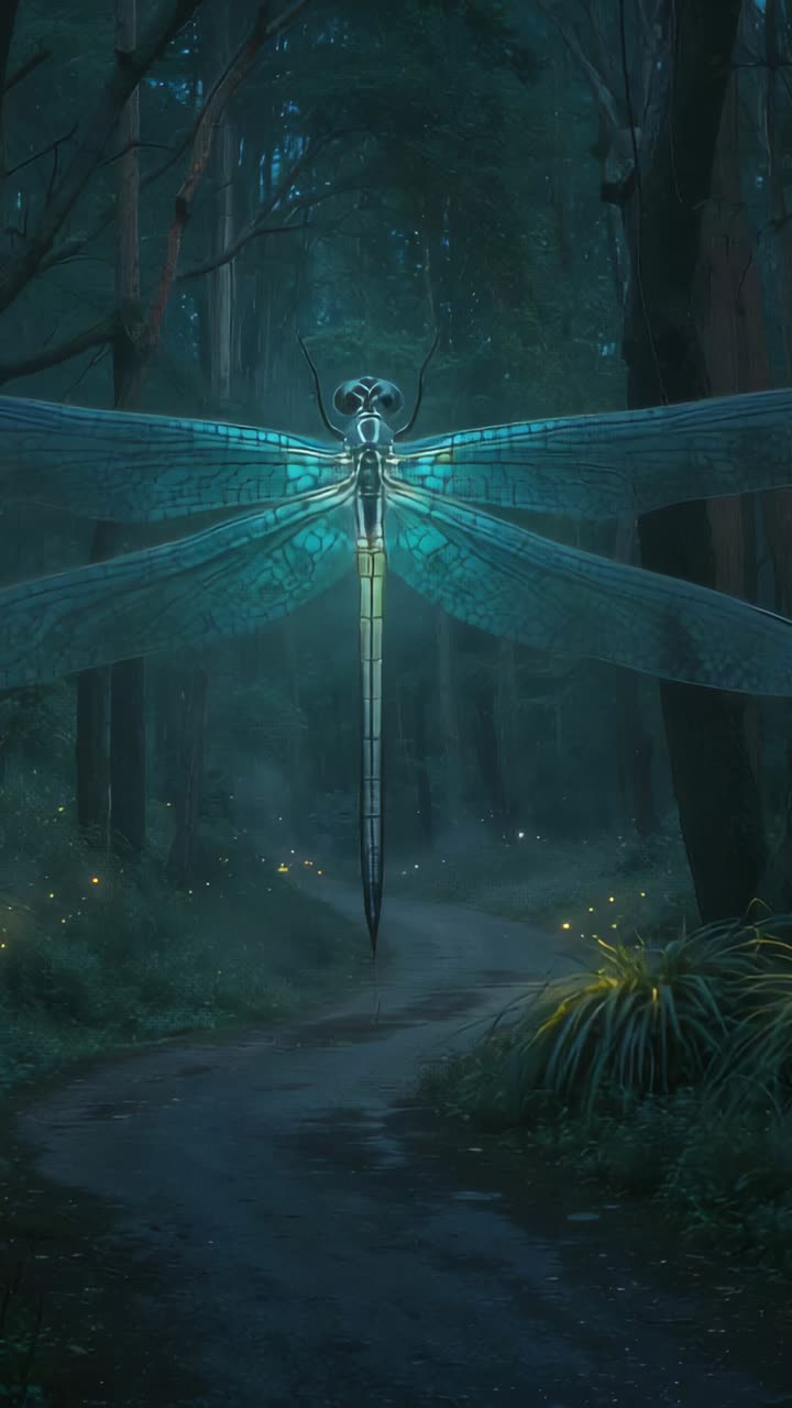 Video verticale: Libellula incandescente sospesa che pulsa luce, evocando piccole luci lungo il sentiero nel bosco