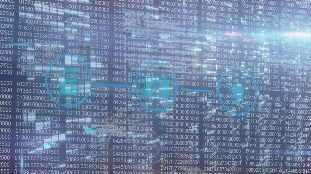 animación de bloqueo gráfico, cámara y iconos de gps en círculo sobre el cambio de códigos binarios