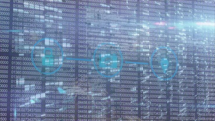 Animation of graphical padlock, camera and gps icons in circle over changing binary codes