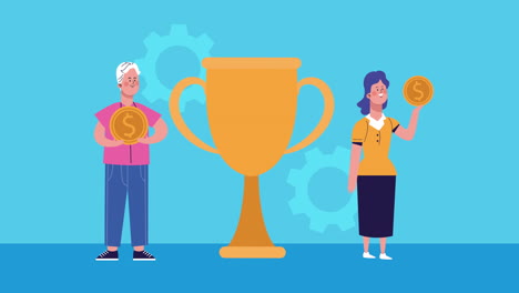 pareja de negocios con copa de trofeo y monedas personajes animados