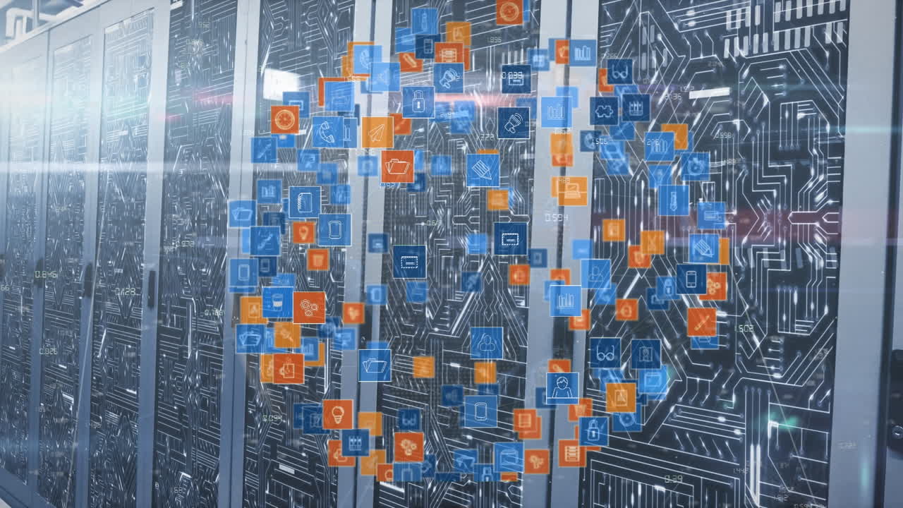 animación del globo hecho de iconos que giran sobre los servidores