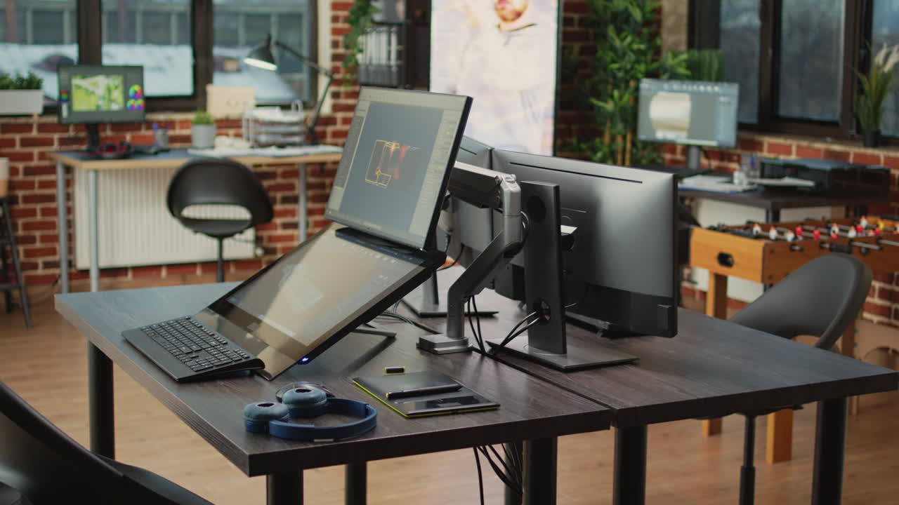 Empty creative agency office with computers to work on 3d