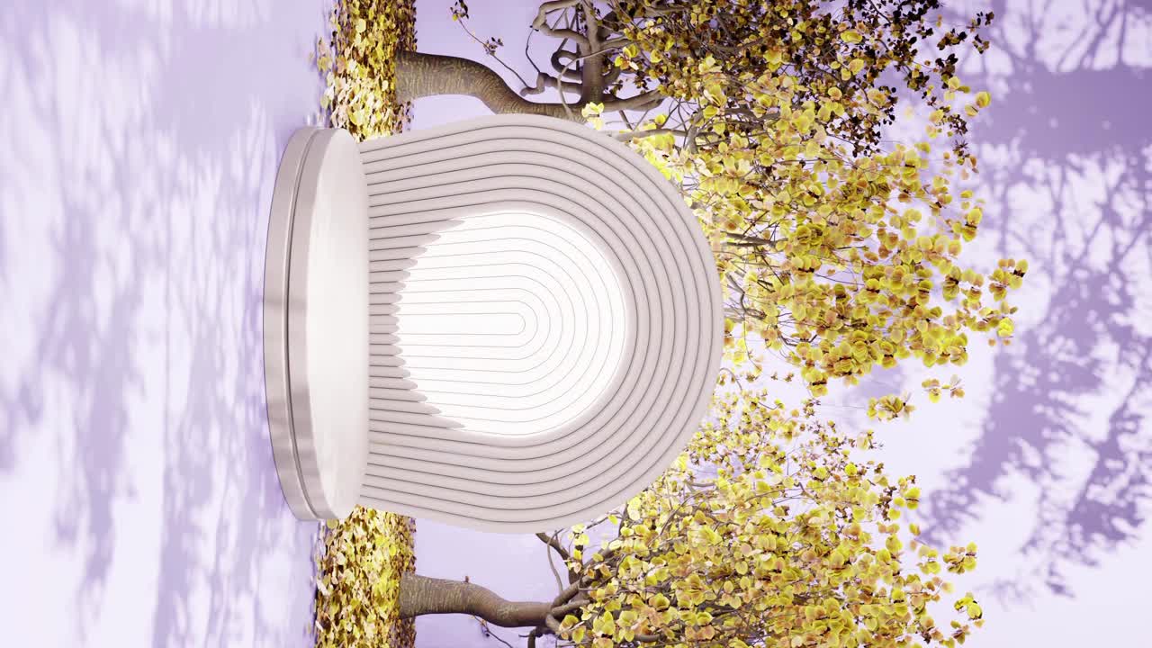 Serenità Autunnale: Alberi Scultorei Tra Panchine Bianche Circolari, mockup di prodotto su podio con sfondo rosa
