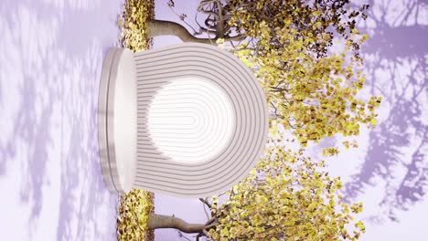 autumnal serenity: sculptural trees amidst circular white benches pink background podium mockup product
