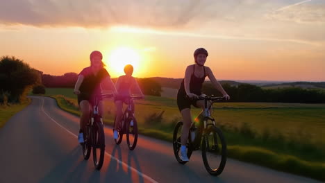 friends enjoying a sunset bike ride on a scenic road