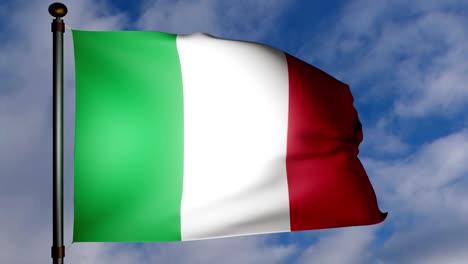 italian flag with fabric texture waving in the wind on a blue white cloudy sky background. seamless loop stock 4k video. national flag of italia