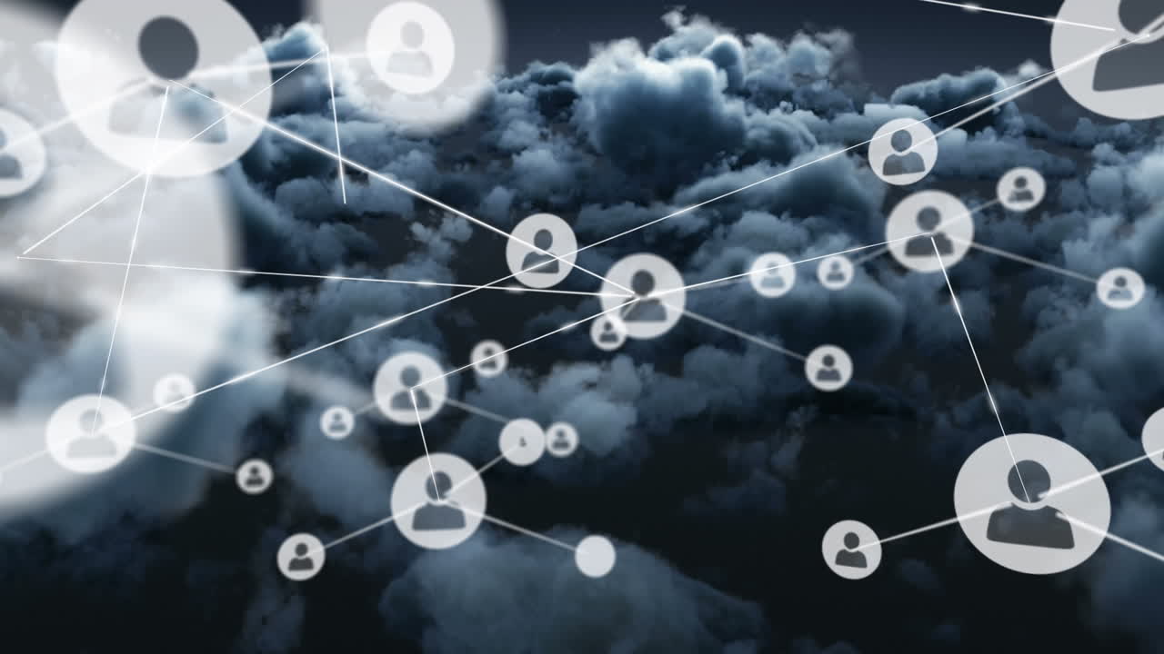 Animazione di rete di connessioni con icone di persone su cielo con nuvole