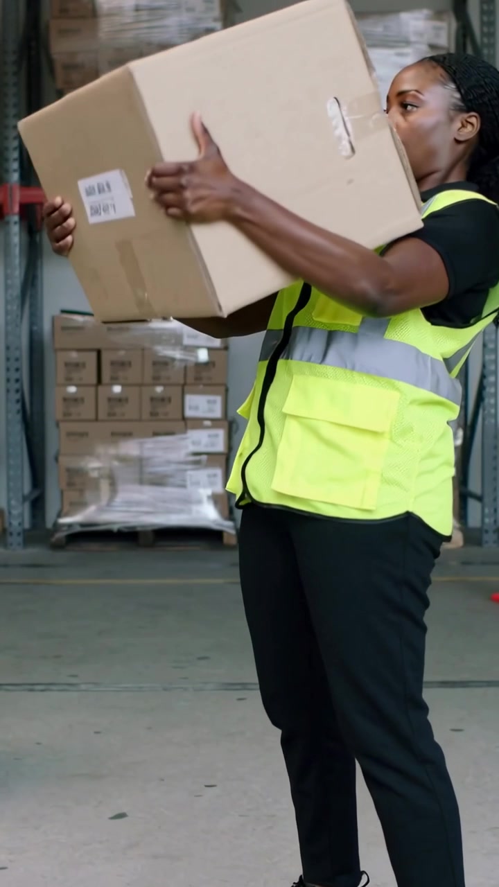 Vertikal video: Hukket arbejder i sikkerhedsvest løfter kasse på lager nær metalreoler til forsendelse.