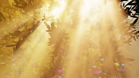 Soap-bubbles-flying-in-the-jungle-with-sun-flaring-behind-trees