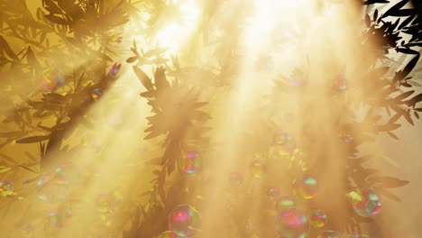 soap bubbles flying in the jungle with sun flaring behind trees