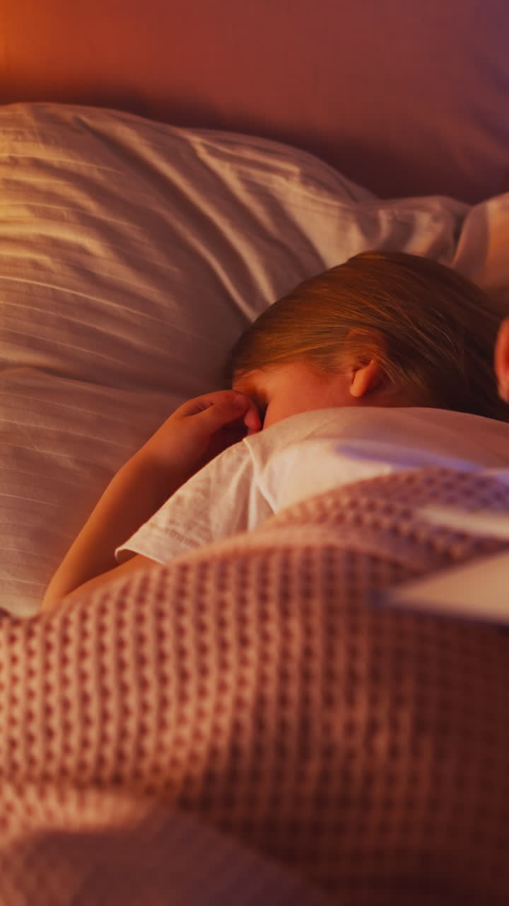Mom hand touches hair of cute little girl falling asleep under warm covering in bed at glowing lamp tender light in bedroom closeup slow motion