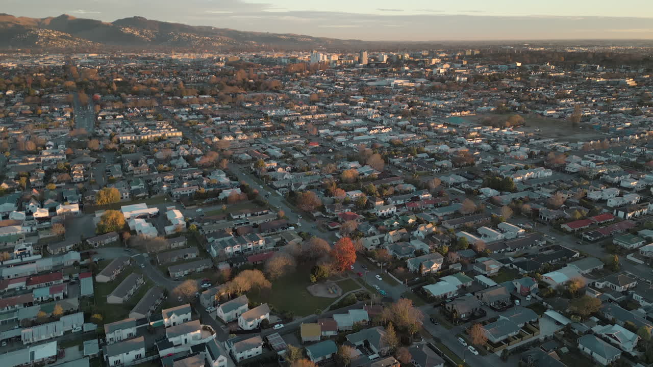 Christchurch City And Port Hills Canterbury New Zealand Winter Morning Drone Pan Up 4K 30FPS