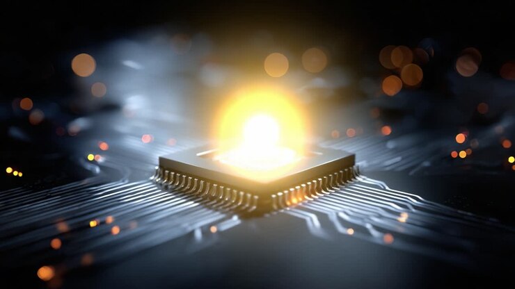Illuminated Microprocessor on Circuit Board with Radiant Light and Abstract Background Capturing the Essence of Modern Computing and Technology Innovations