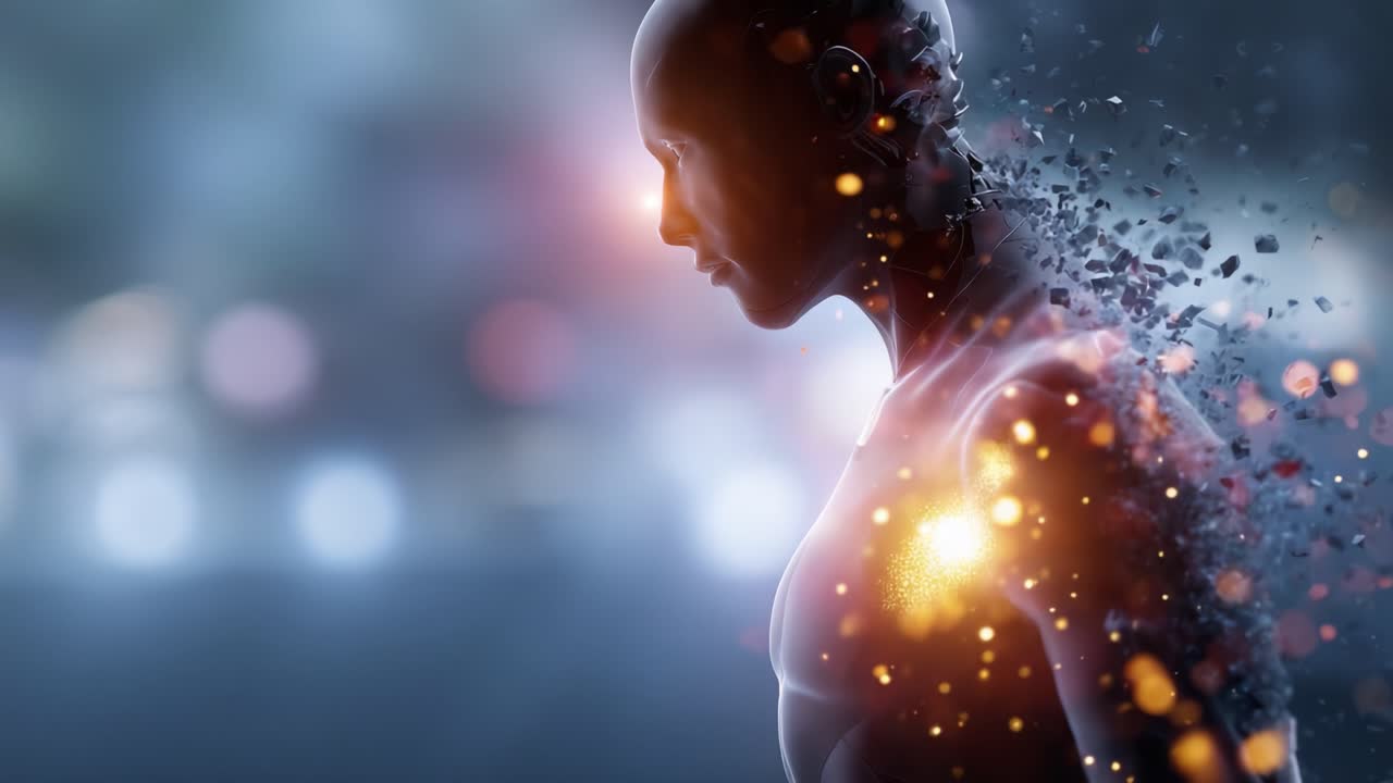 A digitally rendered humanoid figure transitions from solid to fragmented, illustrating a blend of technology and human form in a surreal, futuristic environment