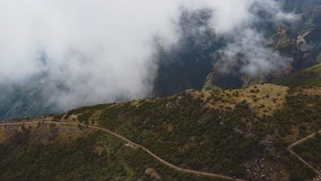 drone view at cloudy montains in madeira, pico ruivo
