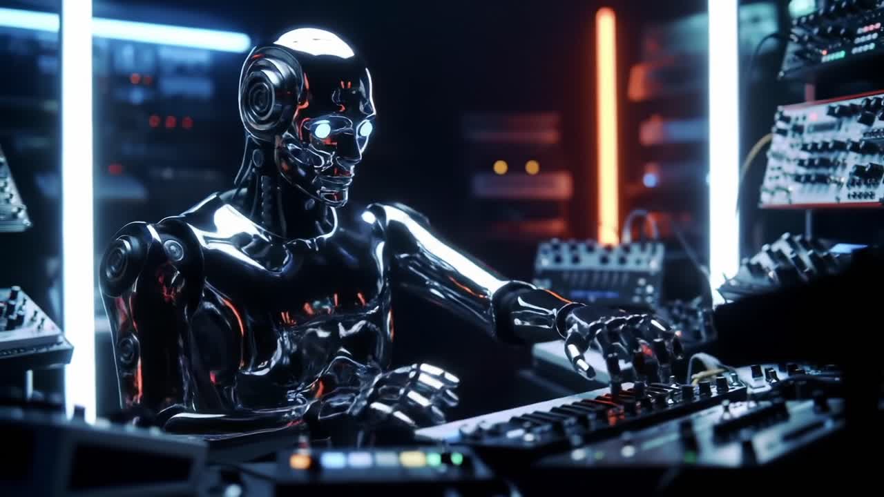 A Futuristic Robot Engineer Crafting Electronic Music in a High-Tech Studio Environment with Synthesizers and Neon Lights