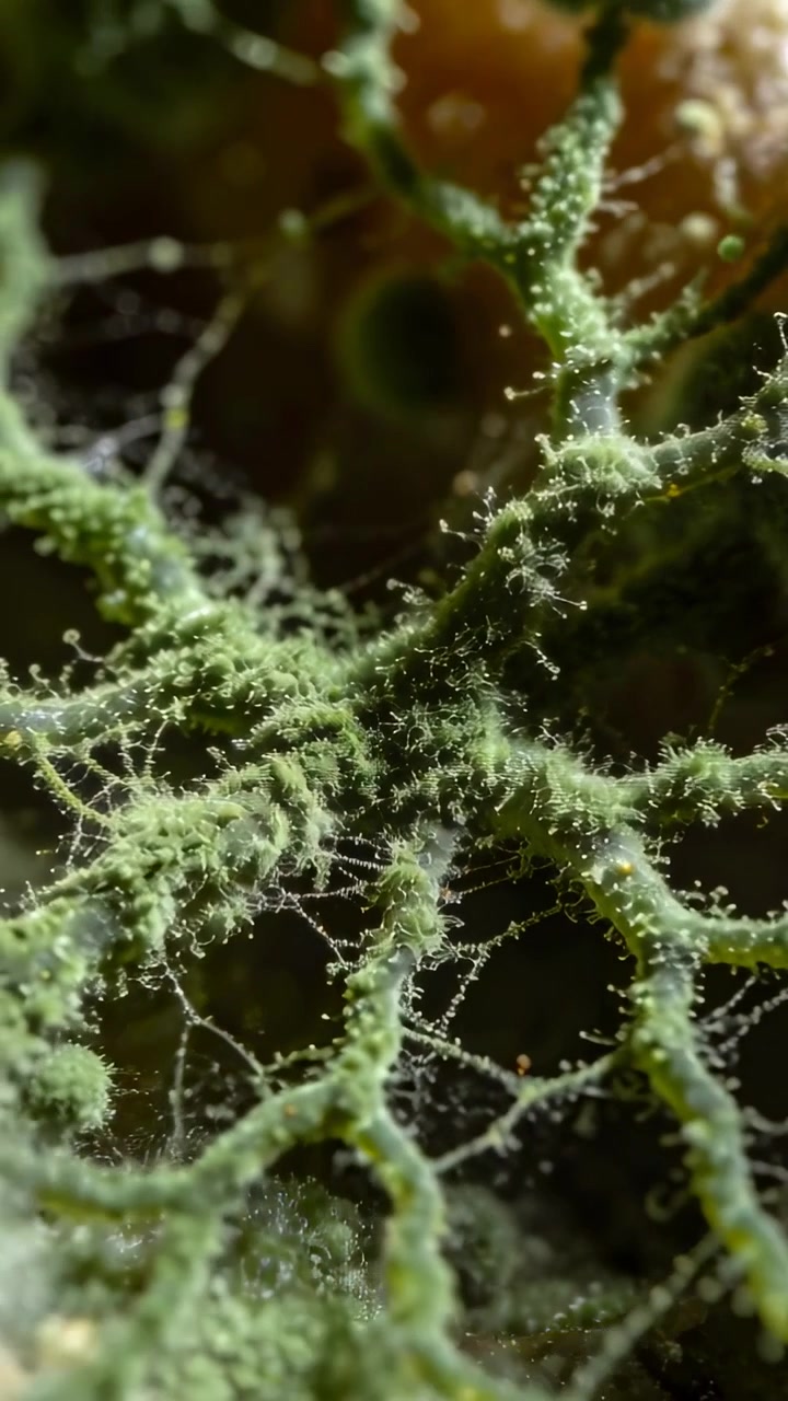 Video verticale: Telecamera che panoramica rivelando filamenti verdi su frutta in decomposizione, esponendo spore.