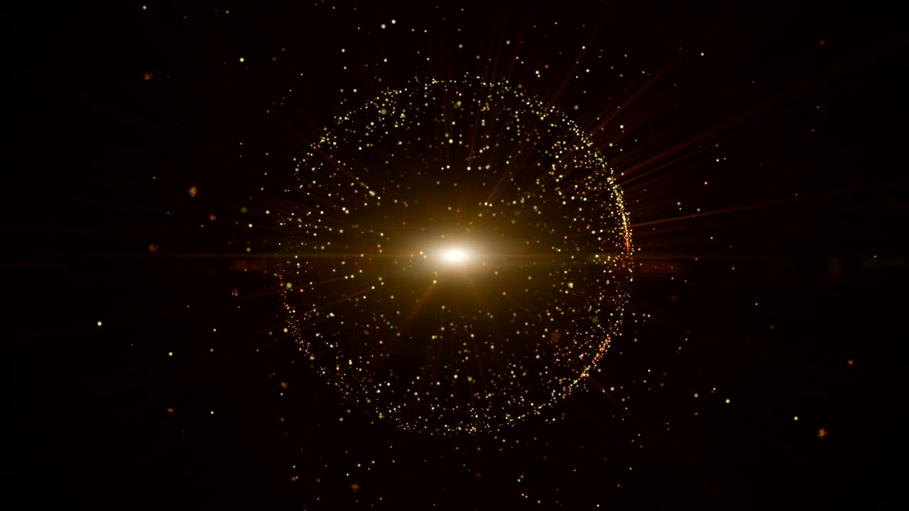 fondo de movimiento de animación volando partículas de oro y fuego en forma de círculo, haces de luz.