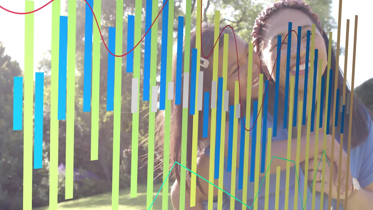 Woman carrying child piggyback in yard moving biz bars trend lines pushing them right staying seen