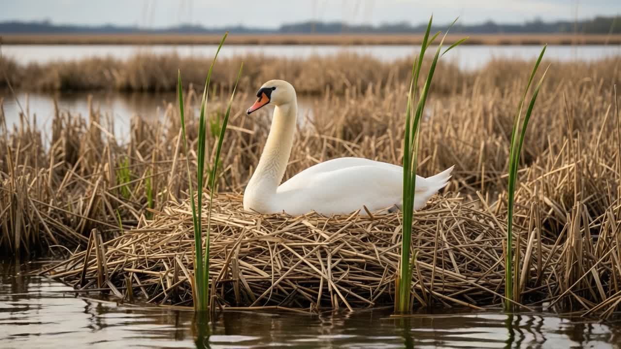 A Pair of Swans Nesting Serenely on Their Nest Amidst Grassy Marshland, Enjoying the Tranquility of Nature's Beauty in Still Waters