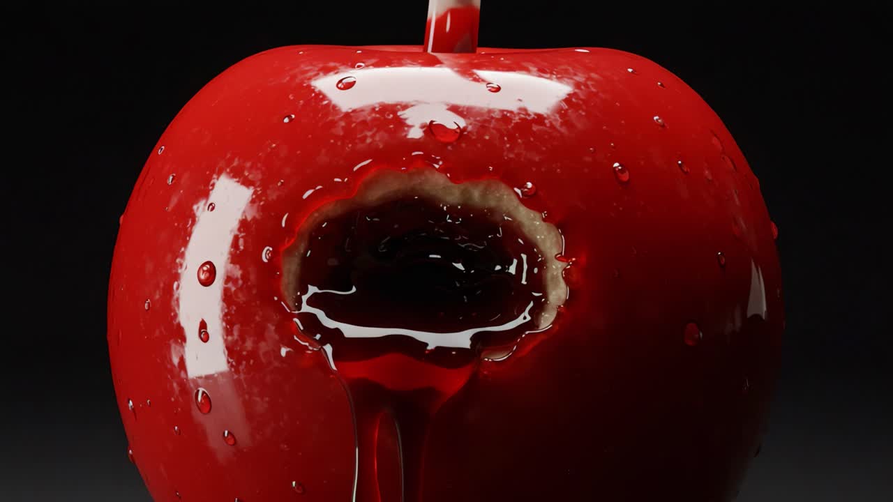 A Visually Striking Pair of Frames Featuring a Glossy Red Apple with a Hollowed-Out Core Dripping with Mysterious Liquid, Capturing a Unique and Intriguing Perspective