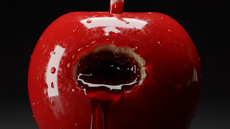 a visually striking pair of frames featuring a glossy red apple with a hollowed-out core dripping with mysterious liquid, capturing a unique and intriguing perspective