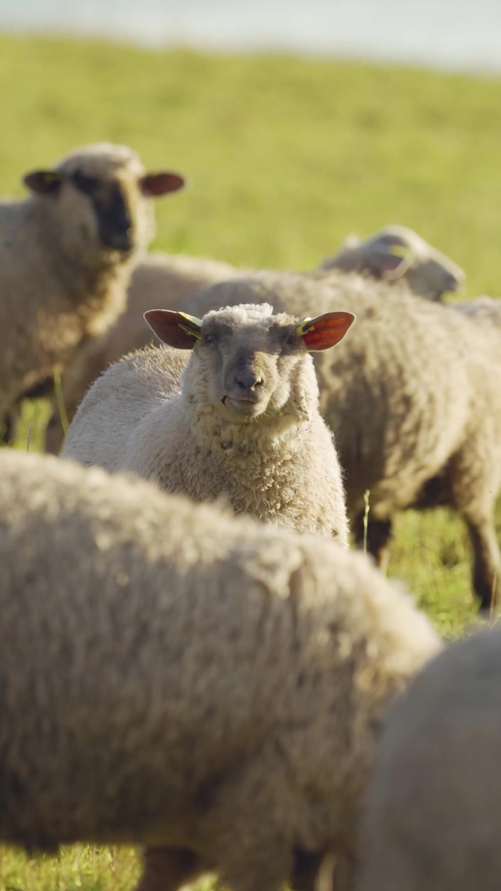 Video verticale con curiose pecore bianche domestiche che guardano la telecamera e masticano l'erba mentre il resto del gregge pascola su un pascolo collinare soleggiato.