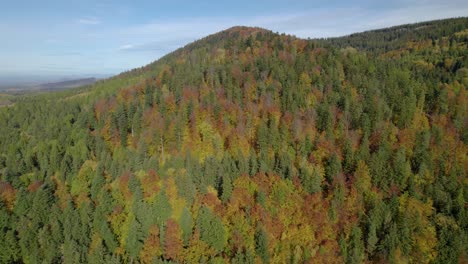 Toma-Aérea-De-Establecimiento-Del-Paisaje-Rural-Con-Bosque-De-Montaña-Otoñal-Durante-La-Temporada-De-Otoño