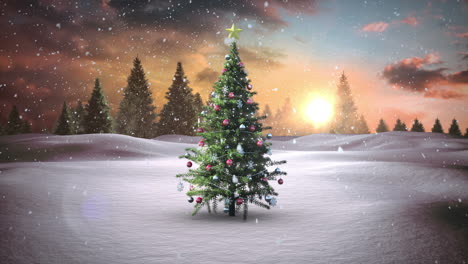 nieve cayendo árbol de navidad en el paisaje nevado
