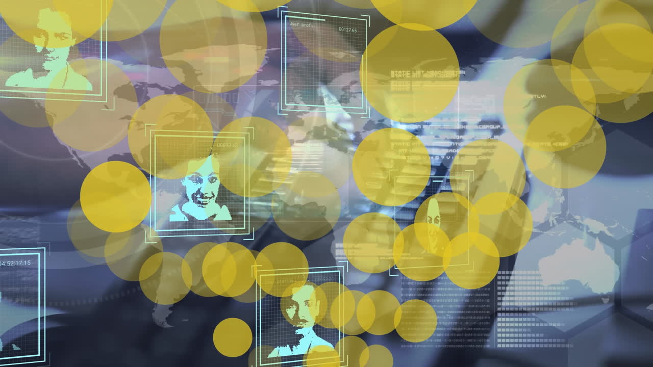 Animation of light spots over data processing with people portraits and hands typing on keyboard