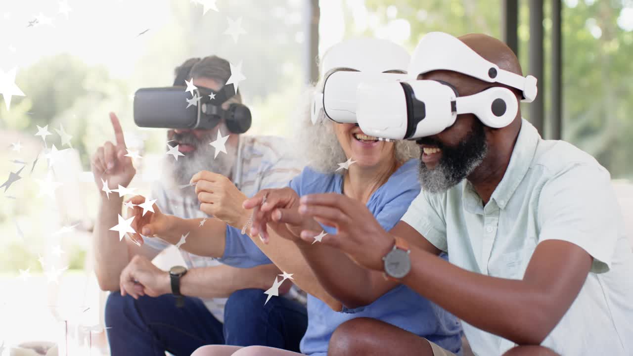 Three friends wearing VR starting gestures, reaching and grabbing star overlays for tech demo