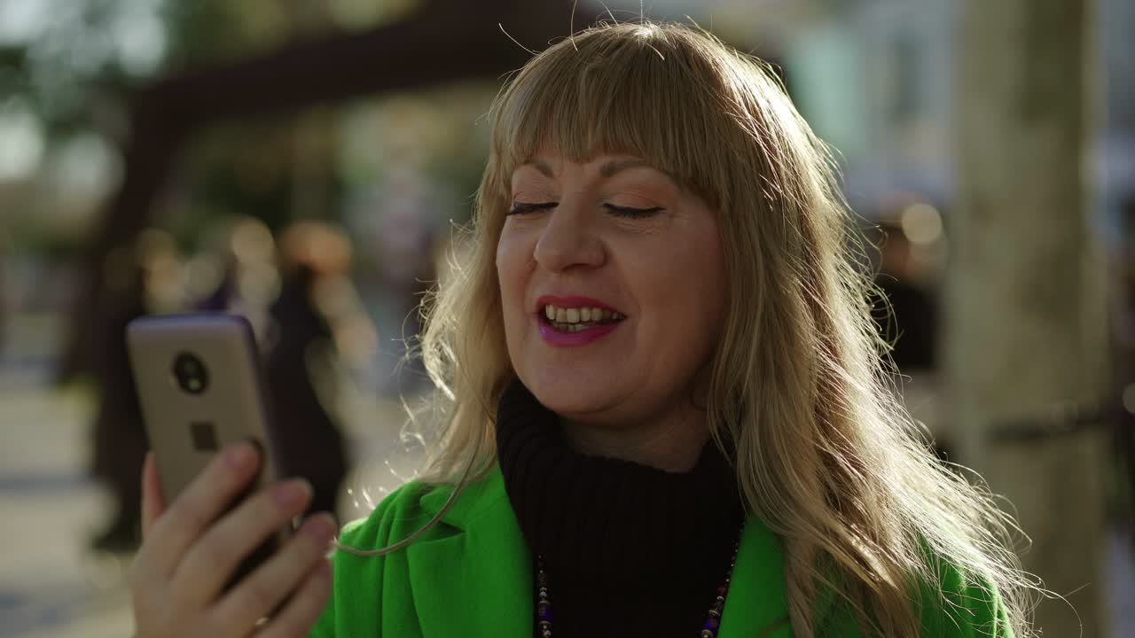 счастливая леди ведет видео-разговор по телефону на открытом воздухе