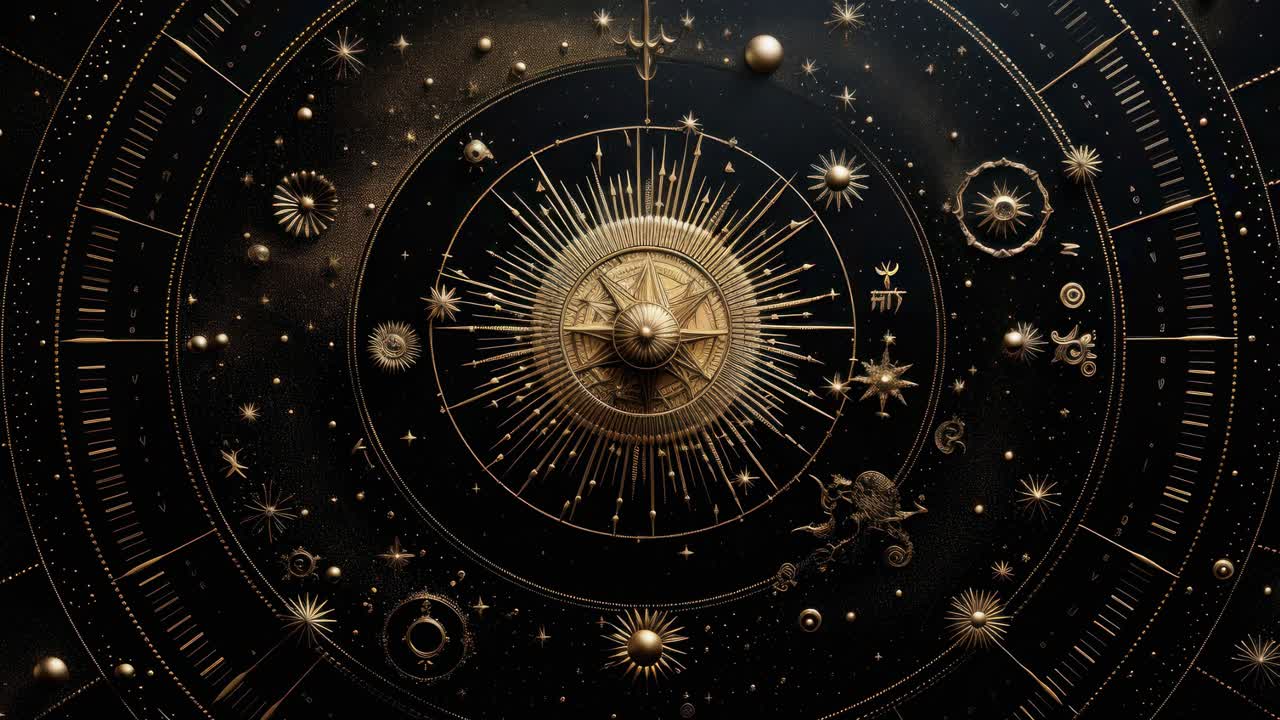 Aerial view of an intricate, celestial-themed clockwork design, featuring golden gears and cosmic