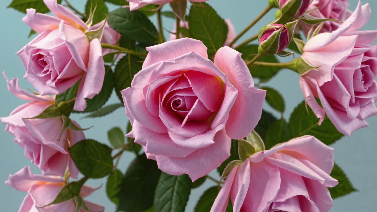 Close-up video of blooming pink roses against a soft blue background, showcasing delicate petals