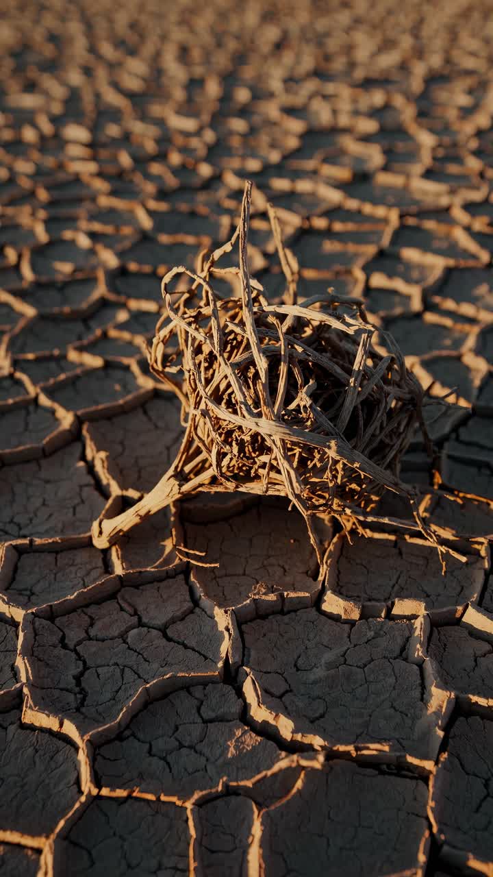 A low-angle video captures a vast, cracked desert landscape under a clear sky